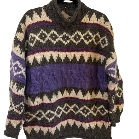 Handmade Sweaters - Hand Knit Nordic Multicolor Chunky Sweater Wool Size L Grandpacore VTG 90s EUC
